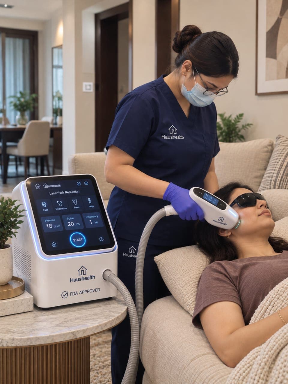 Specialist performing laser hair reduction in a calm clinic setting