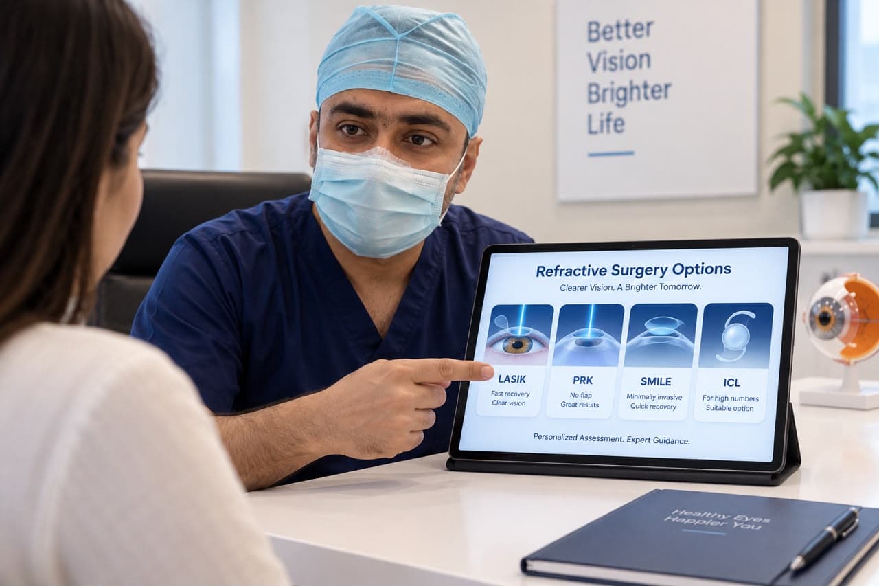 Surgeons performing precise laser eye surgery in a modern theatre