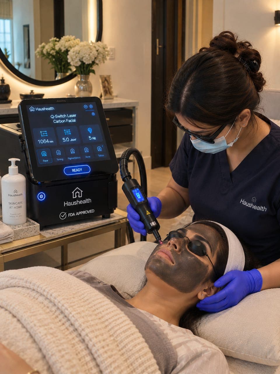 Woman applying skincare cream with her eyes closed